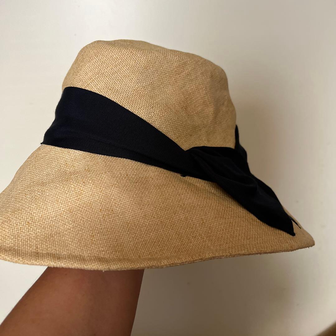 【カシラ】CA4LA麦わら帽子 ストローハット リボン ベージュ×ネイビー