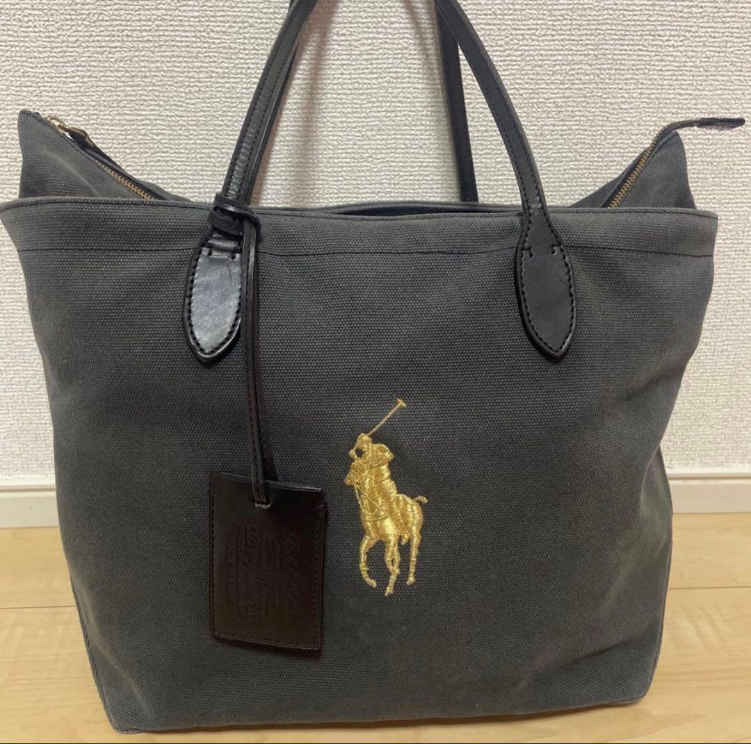 希少 RALPH LAUREN トートバッグ レザー キャンバス ゴールド刺繍
