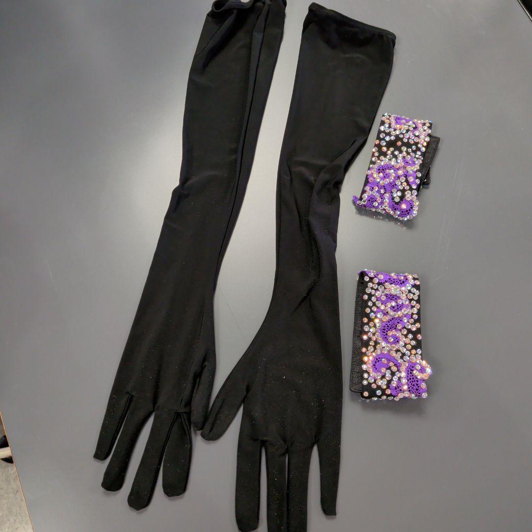 社交ダンス用ラテンドレス 黒と紫ラインストーン、タカダンスSサイズ