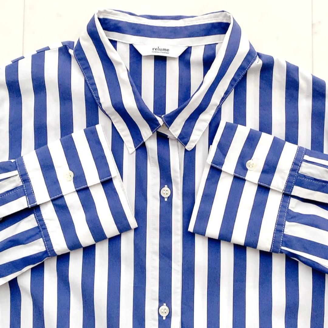 美品 ジャーナルスタンダードレリューム ビッグストライプシャツワンピース ブルー