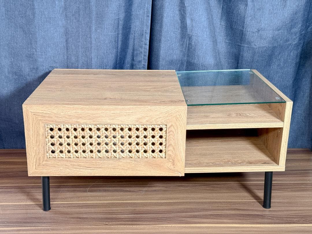 【LOWYA製】ラタン調センターテーブル 幅80 ナチュラル×ブラック脚