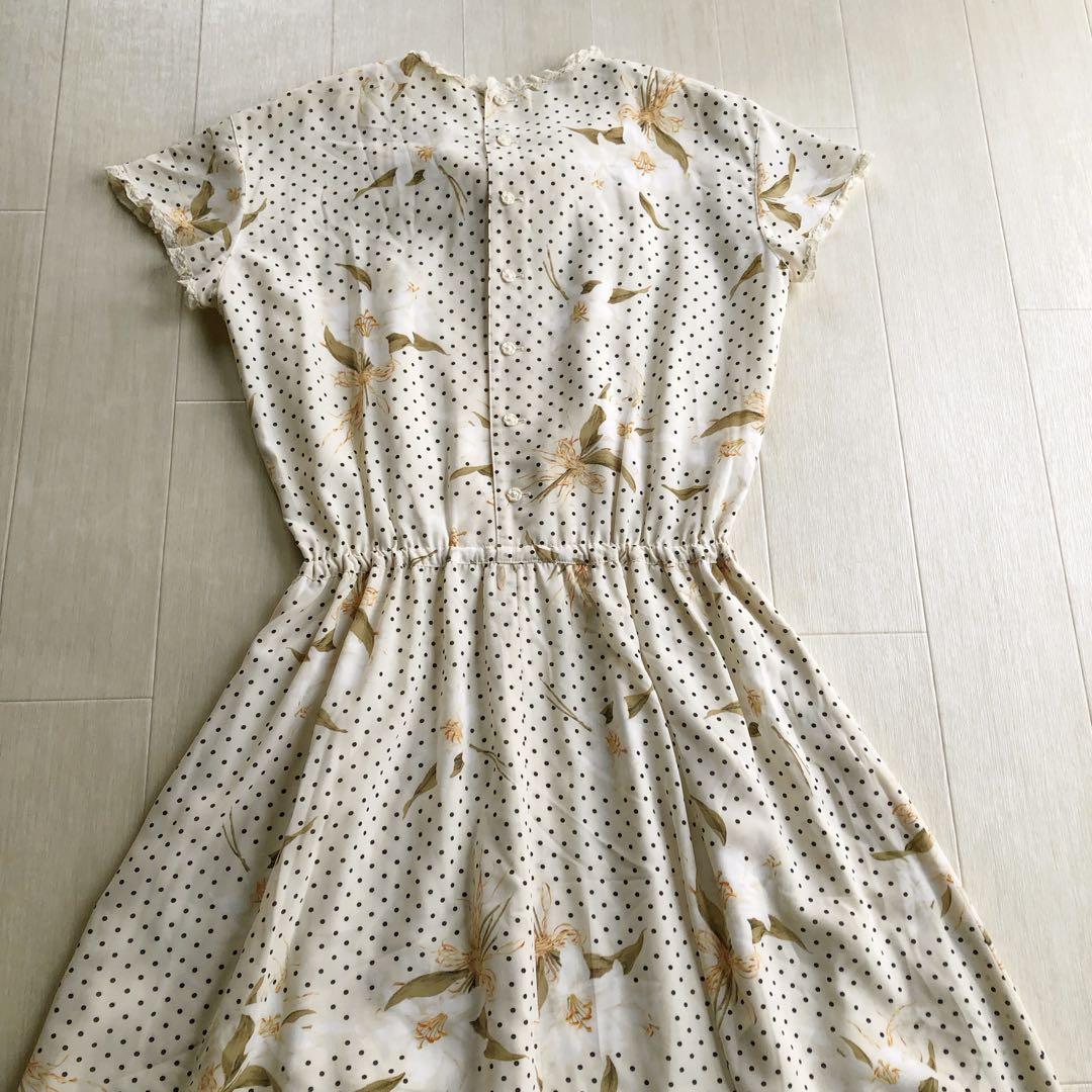 インゲボルグ ドット 百合 リリー 花柄 ピンタック レース 生成色 ワンピース