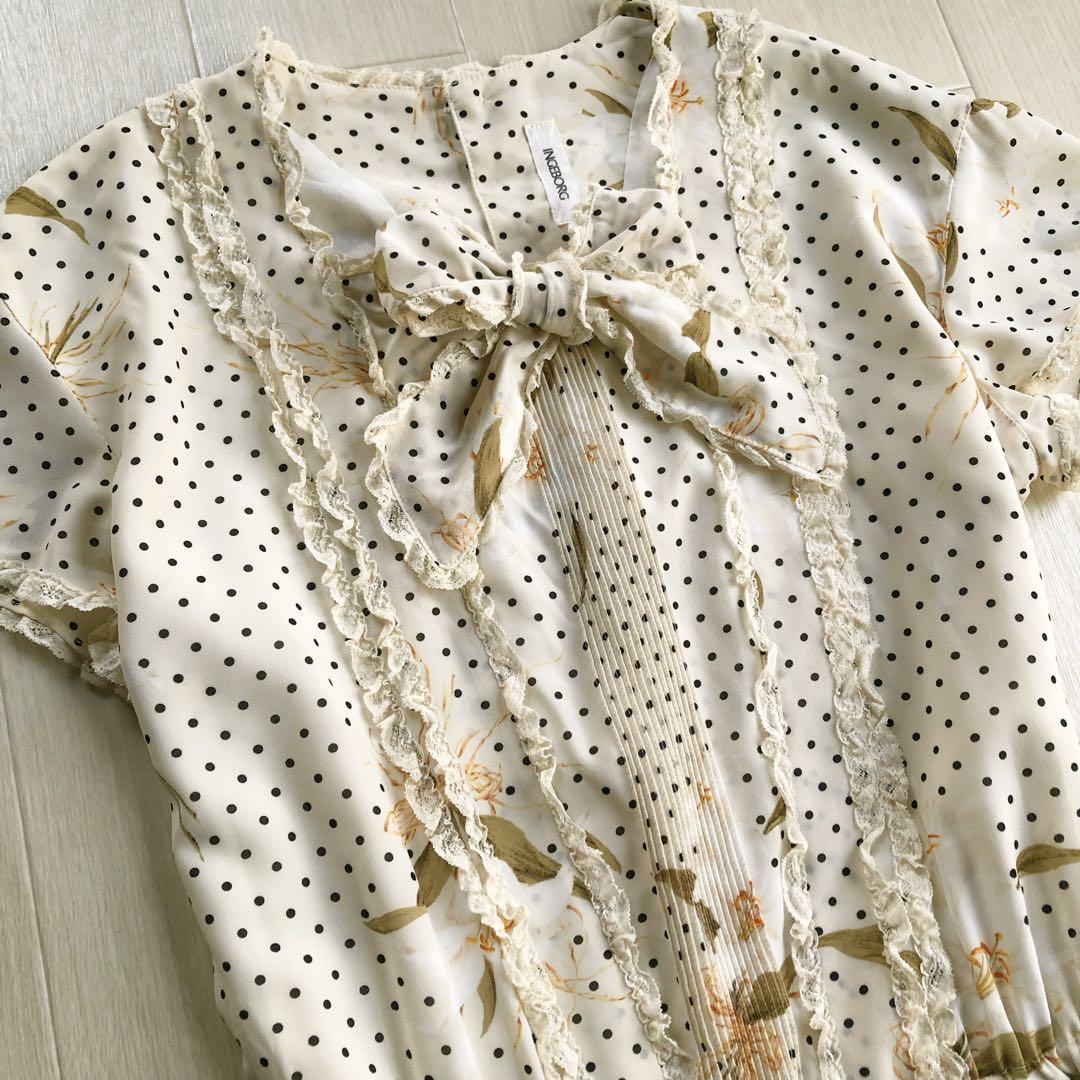 インゲボルグ ドット 百合 リリー 花柄 ピンタック レース 生成色 ワンピース