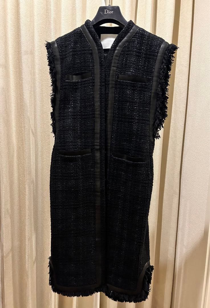美品 マメクロゴウチ ブラック ツイードロングベスト ジレ