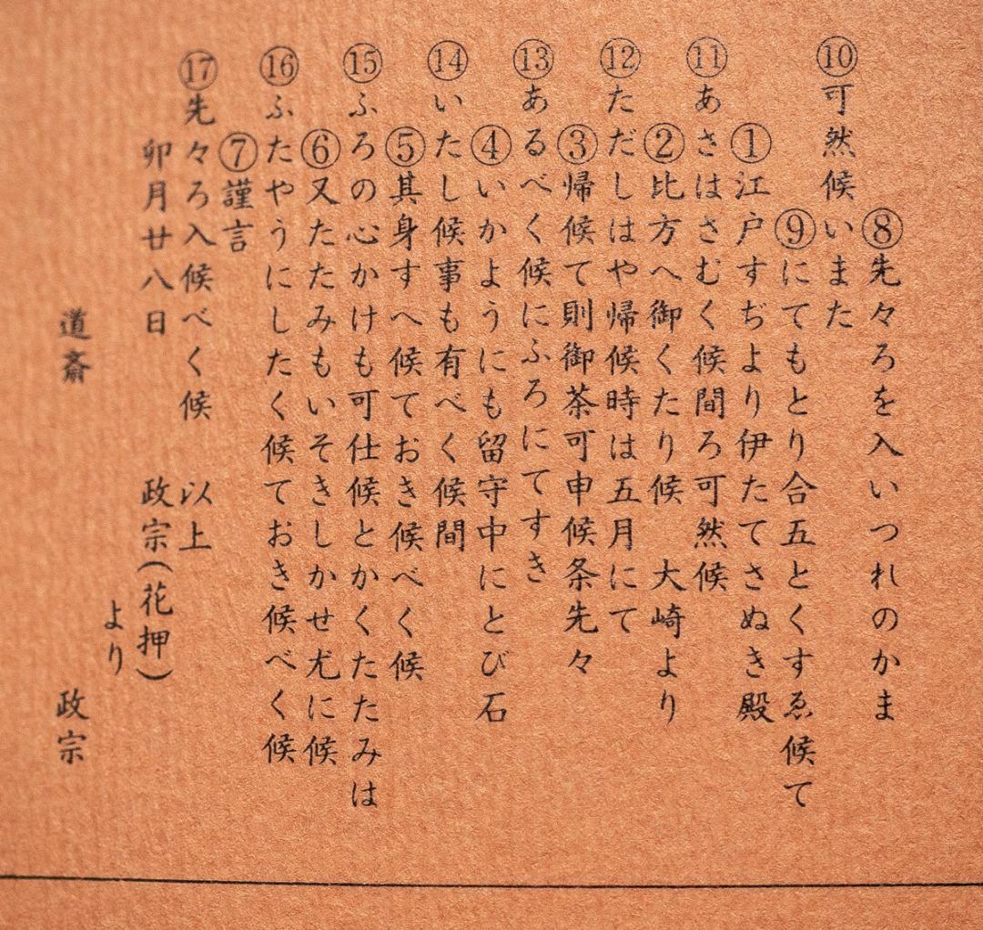 掛軸-1702　伊達政宗　横田道斎宛書状　印刷工芸作品　古文書