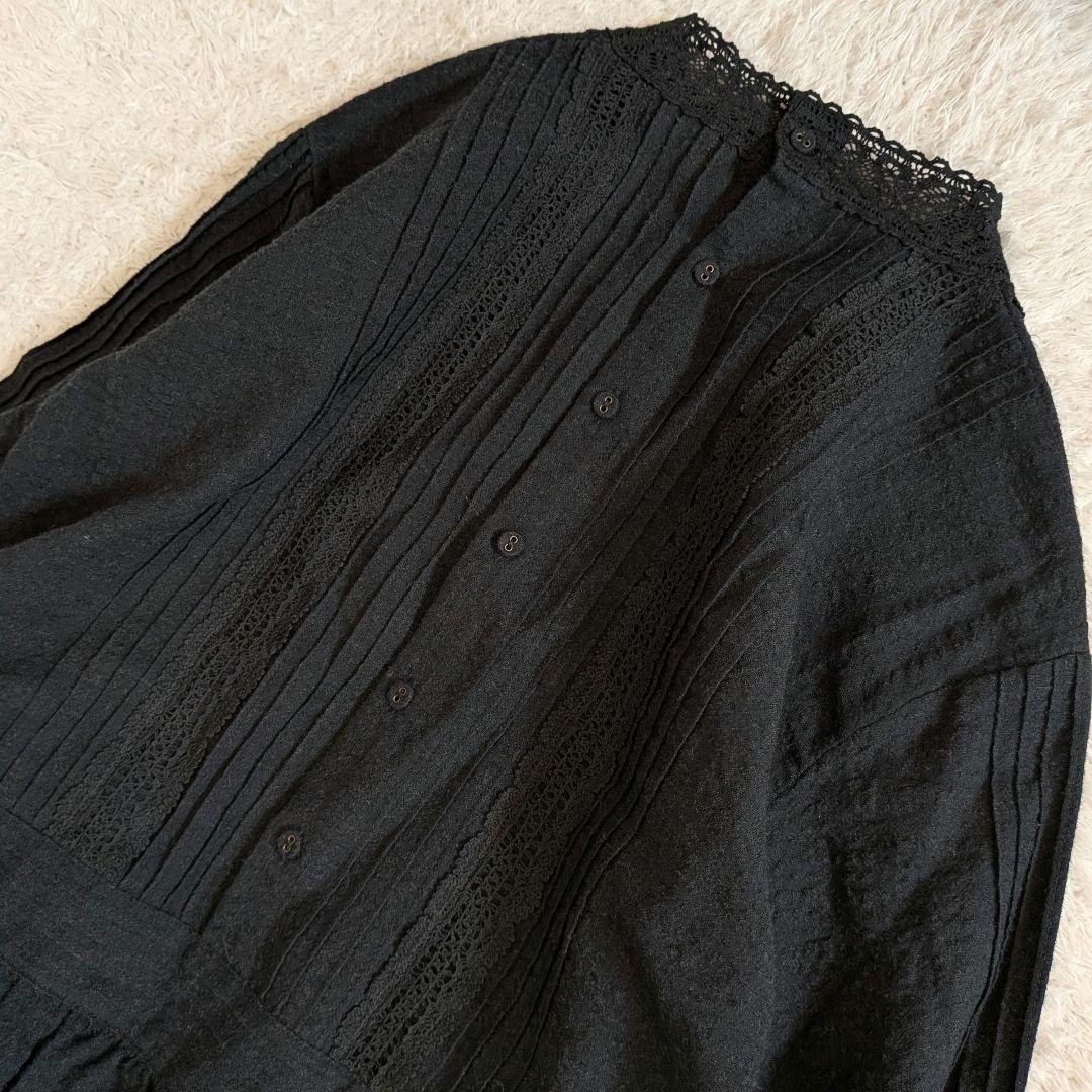 美品❀TSUHARU　着丈120 L相当　刺繍入り長袖ワンピース レース　黒