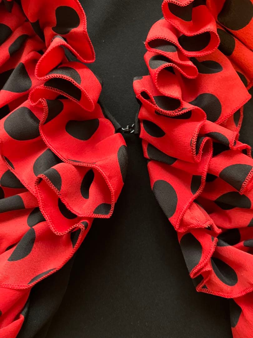 フラメンコ衣装　フリル付きトップス セット　黒　赤　水玉　ドット　華