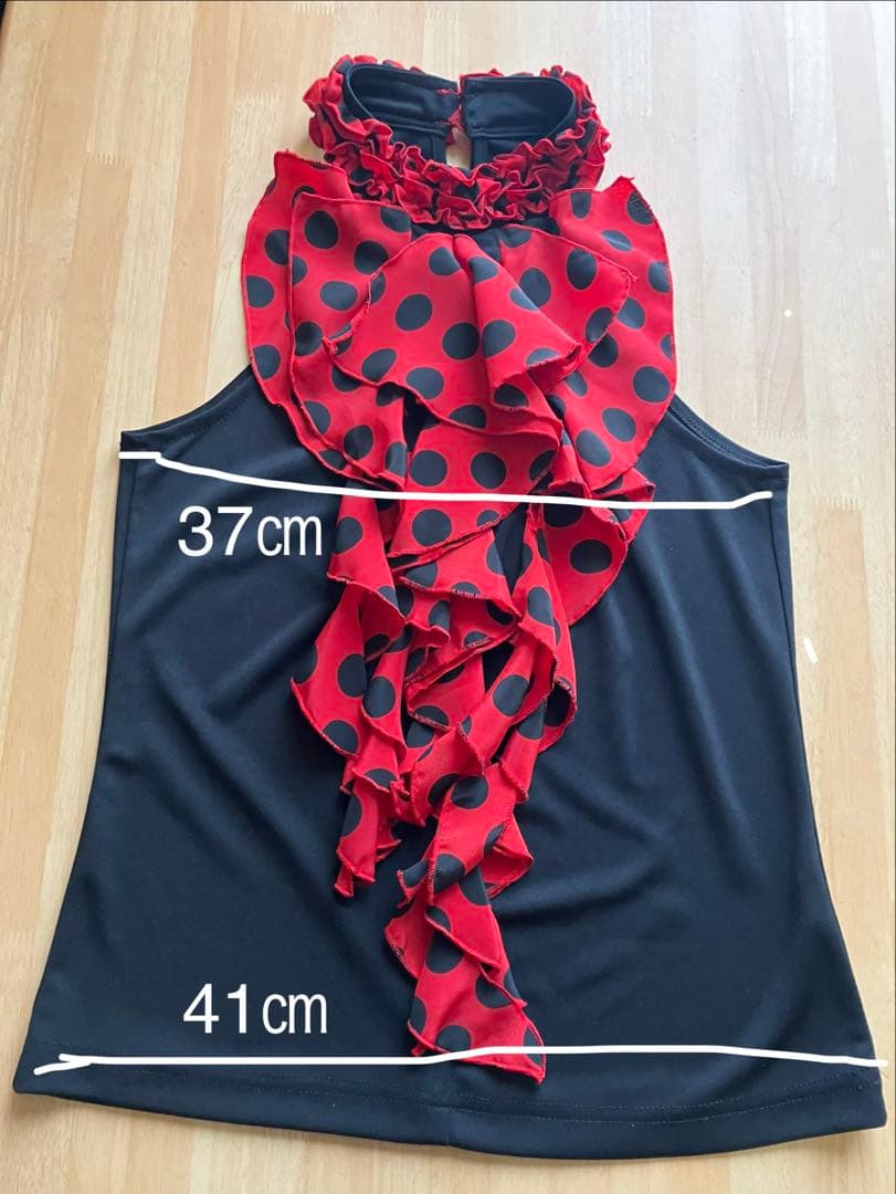 フラメンコ衣装　フリル付きトップス セット　黒　赤　水玉　ドット　華