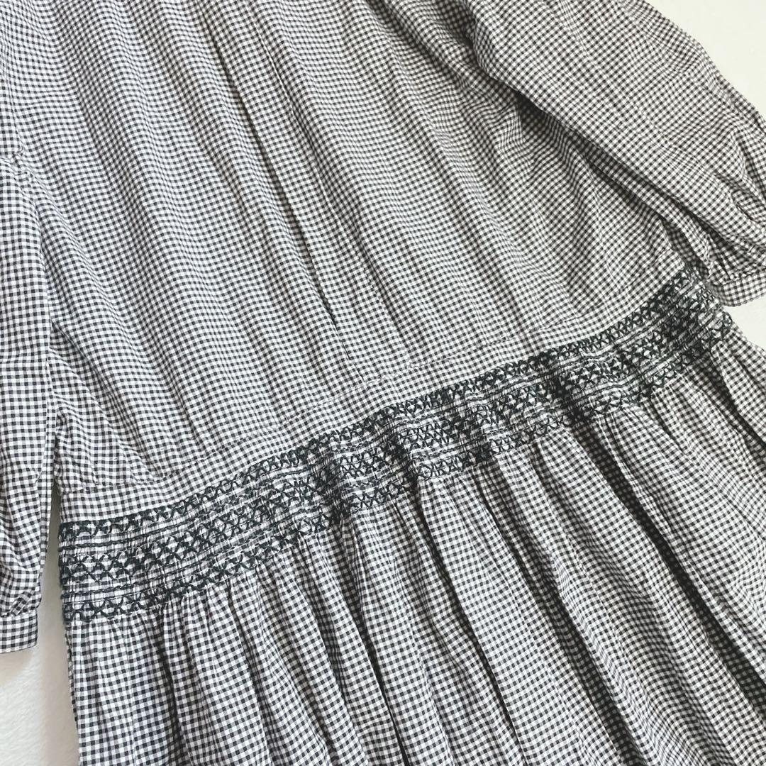 KANEKOISAO ギンガムチェックシャツワンピース　レース襟　ロング　七分袖