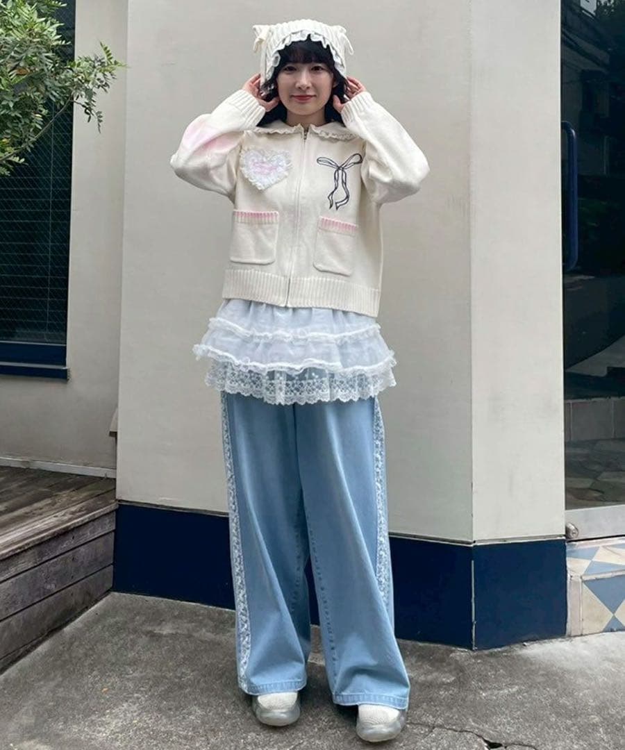 猫 耳 ビーニー ニット 帽子 フリル レース