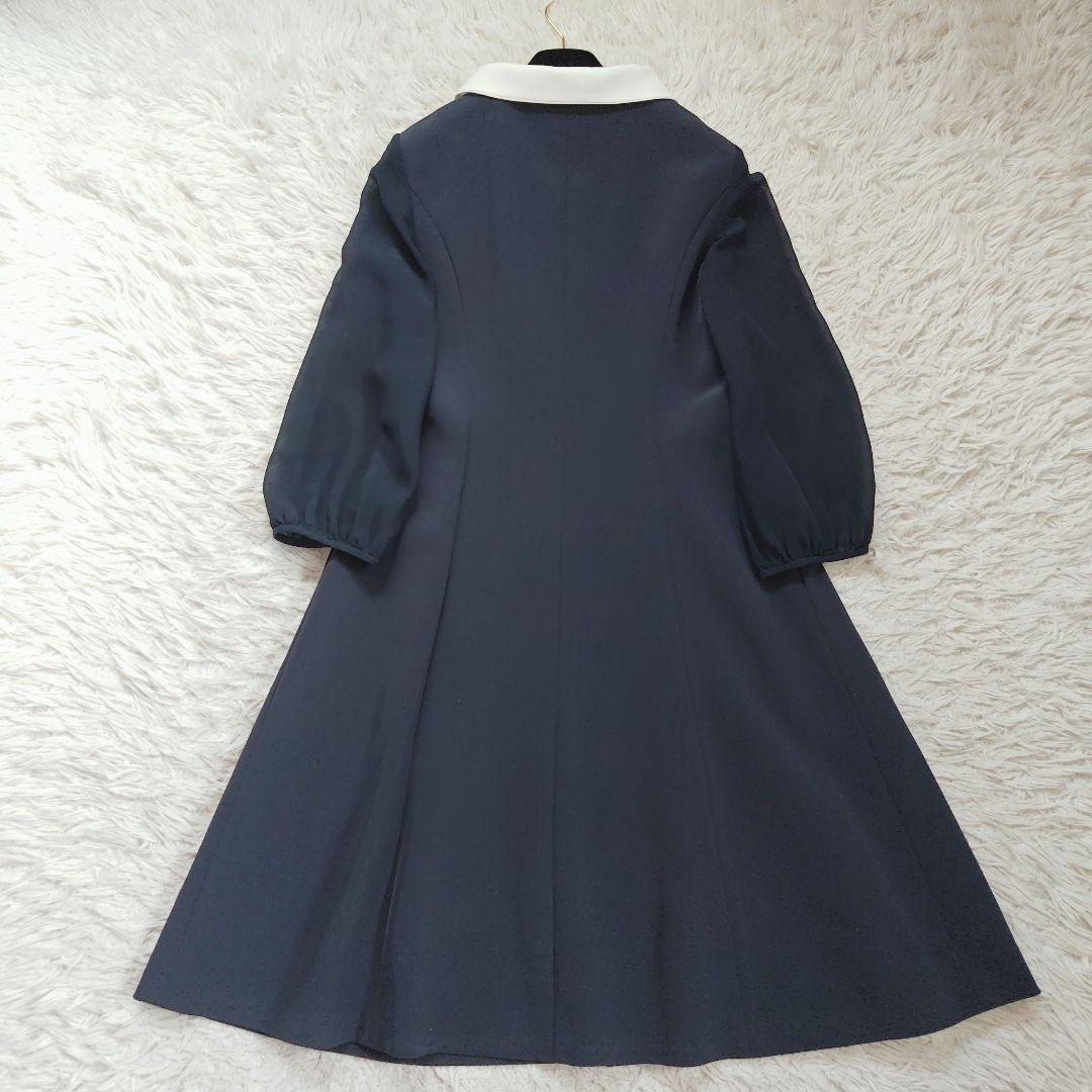 【エムズグレイシー】襟付きロングワンピース 袖シアー Aライン パールボタン 紺