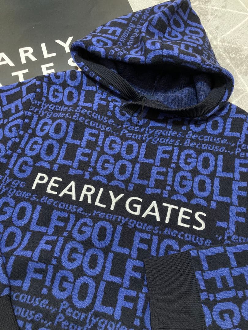 新品 パーリーゲイツ GOLF柄ジャガード ニット フーディ(4)サイズM/紺