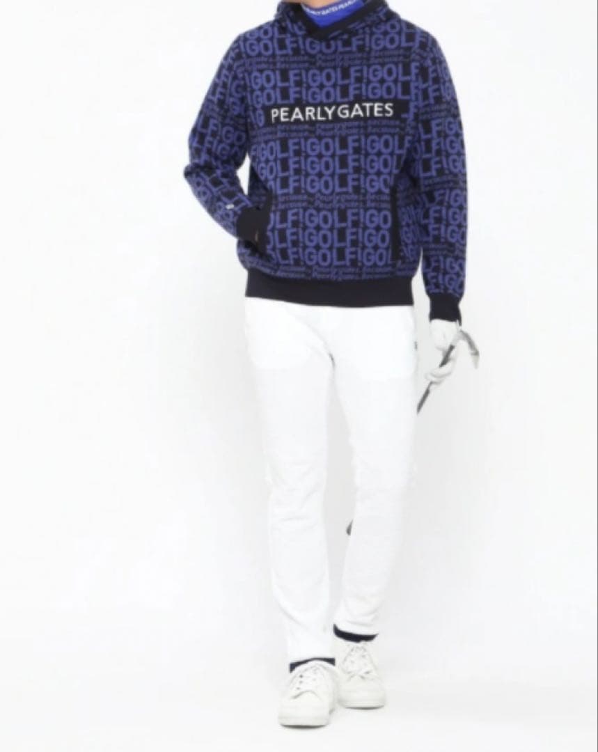 新品 パーリーゲイツ GOLF柄ジャガード ニット フーディ(4)サイズM/紺