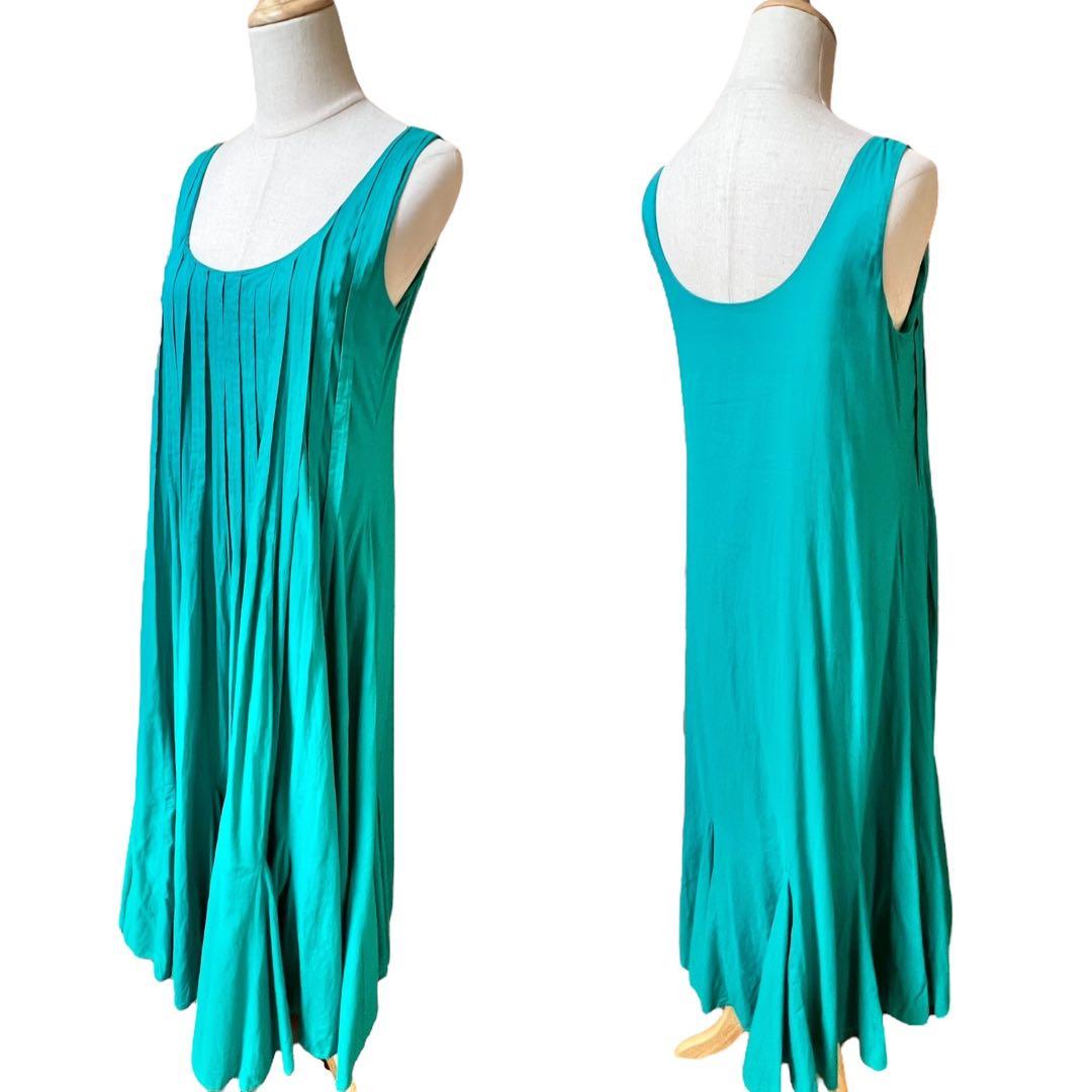 【マリハ】海の月影ドレス☆ノースリーブワンピース☆コットン☆プリーツ☆グリーン