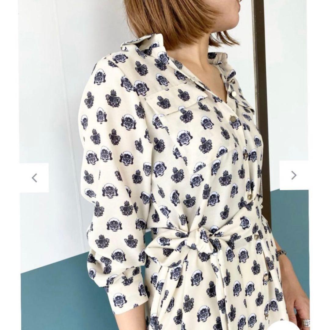 ほぼ未使用　グレースクラス　総柄シャツワンピース ウエストリボン　長袖