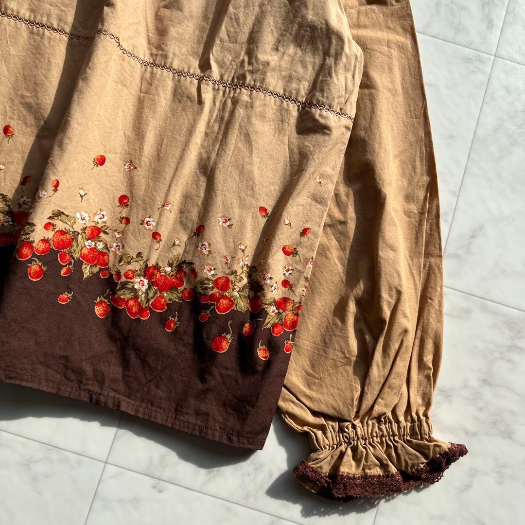 PINK HOUSE 苺　総柄 フリルブラウス　編みリボン　綿100% 日本製