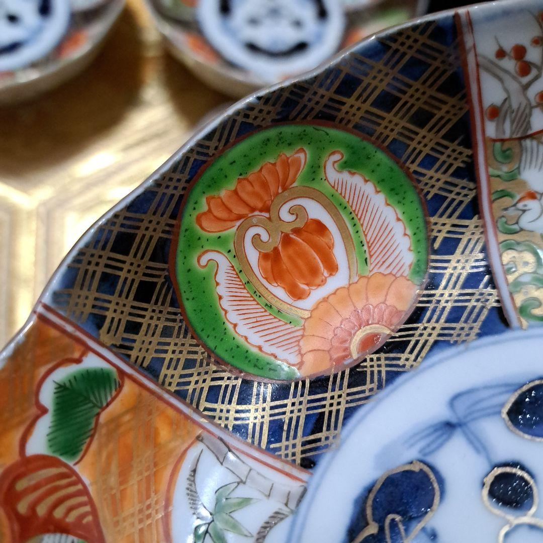 アンティーク　古伊万里　染錦　懐石皿　なます皿　5寸　6客揃　色絵　深鉢