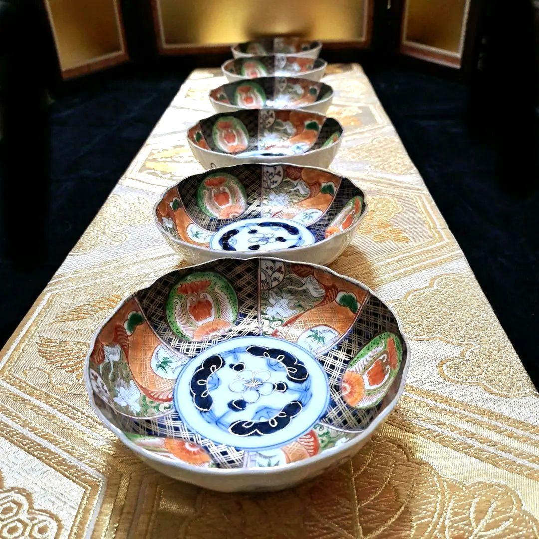 アンティーク　古伊万里　染錦　懐石皿　なます皿　5寸　6客揃　色絵　深鉢
