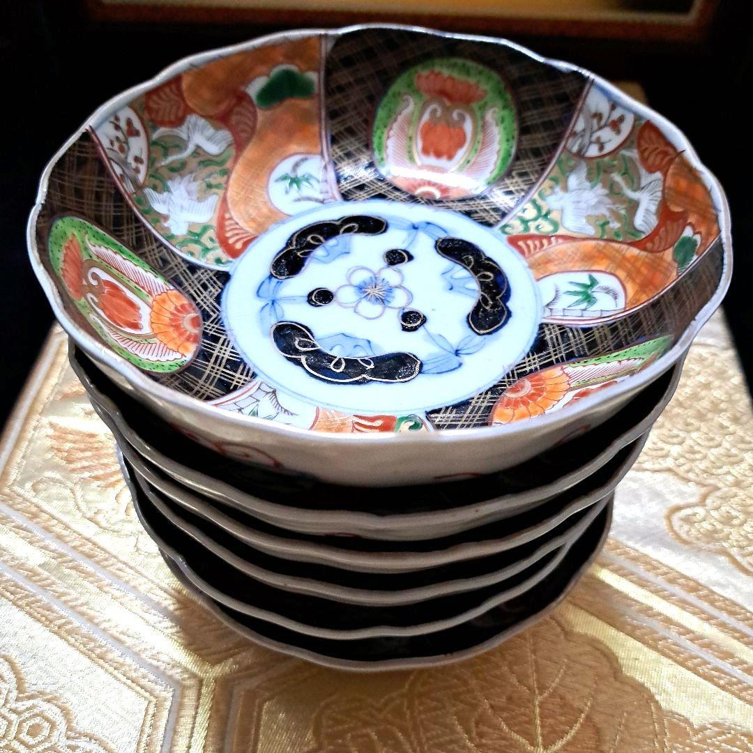 アンティーク　古伊万里　染錦　懐石皿　なます皿　5寸　6客揃　色絵　深鉢