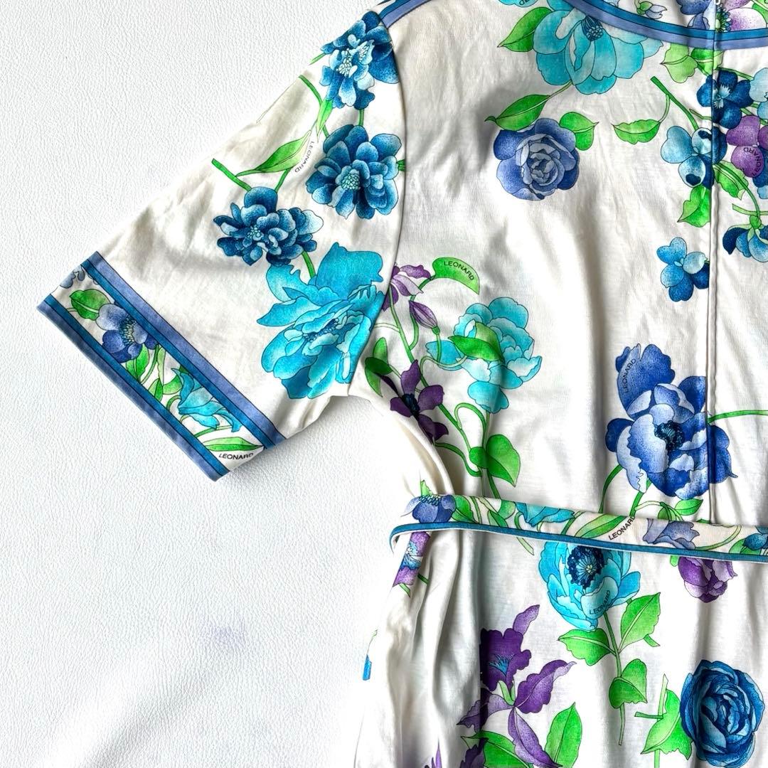 LEONARDレオナール　ロングワンピース ベルト付き　トリム　コットン　LL