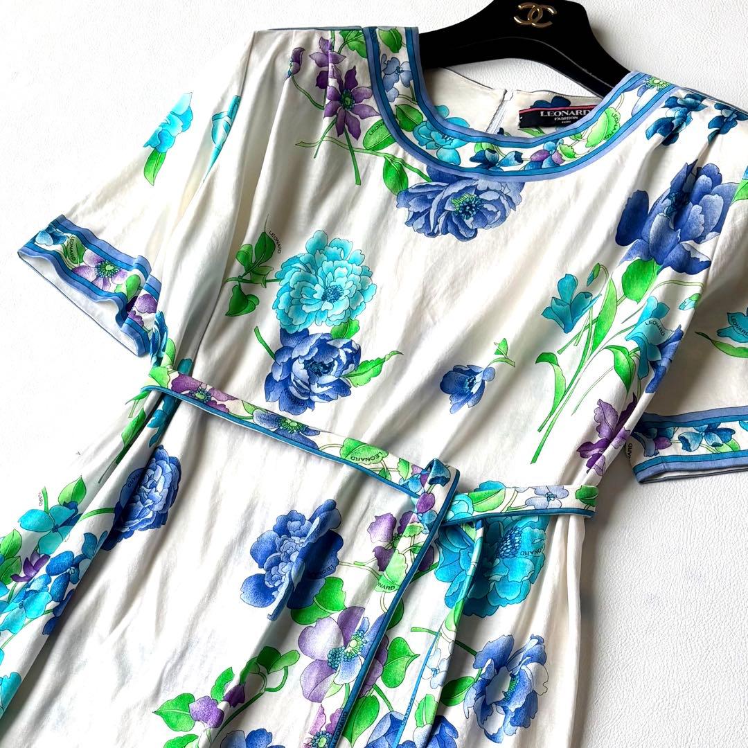 LEONARDレオナール　ロングワンピース ベルト付き　トリム　コットン　LL