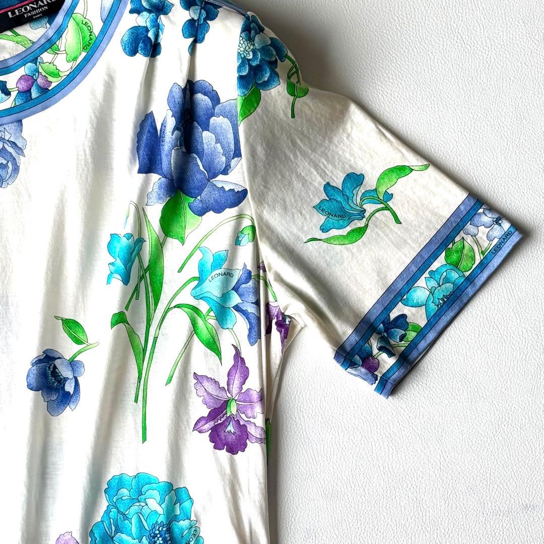 LEONARDレオナール　ロングワンピース ベルト付き　トリム　コットン　LL