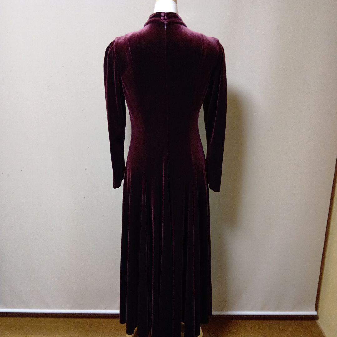バーガンディ ベルベット ドレス 長袖