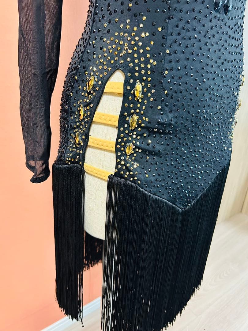 社交ダンス用黒ドレス ストーン装飾