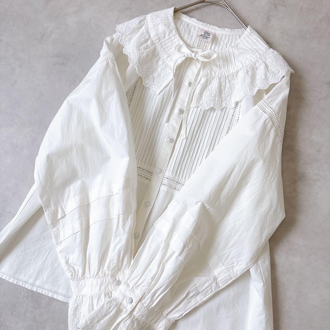 ドットアンドストライプス ピンタック レースブラウス 白 コットン F