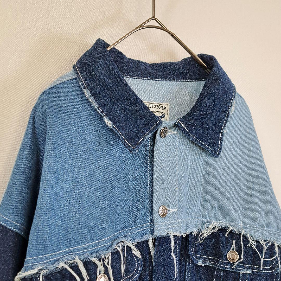 デニムジャケット パッチワーク 切替 フリンジ ダメージ ビッグシルエット L