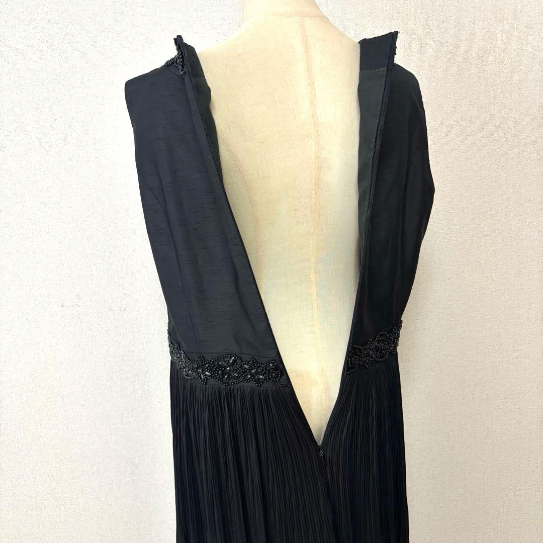 レリアン シルク混ロングワンピース ビジュー ギャザー フレア 黒 大きいサイズ