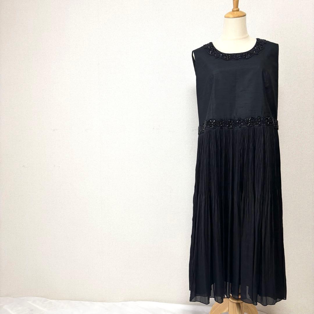 レリアン シルク混ロングワンピース ビジュー ギャザー フレア 黒 大きいサイズ