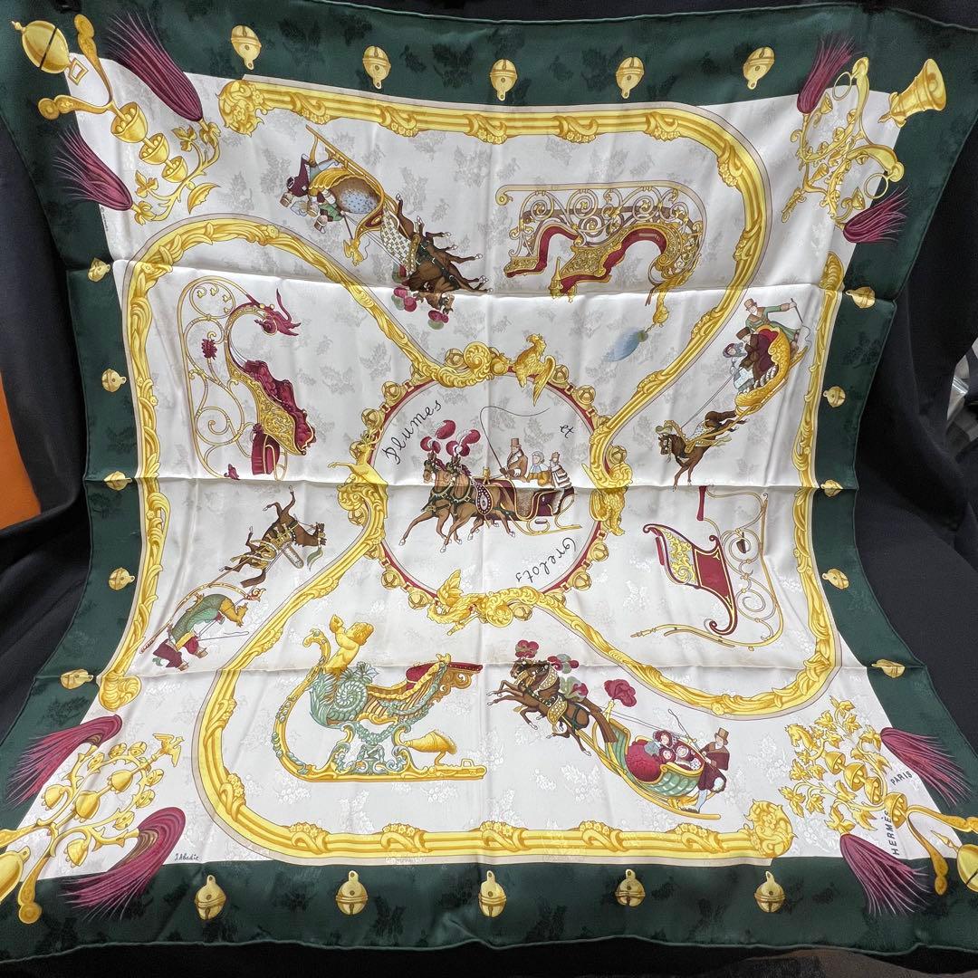 ま*！様 hd【used】HERMES スカーフ カレ90 羽飾り　馬車　鈴　グ