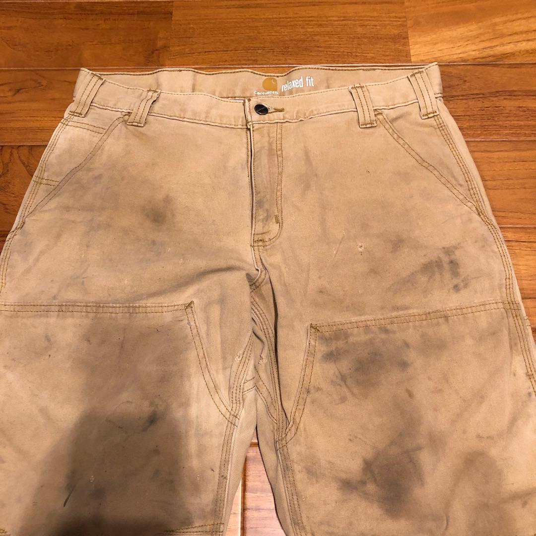 CARHARTTダブルニーワークパンツ ベージュ　汚れデザイン34／30