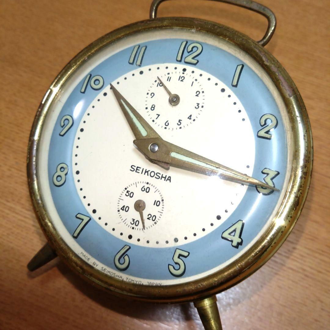 ◆昭和レトロ◆時代物◆ビンテージ◆精工舎◆目覚まし時計◆ゼンマイ式◆水色と金色