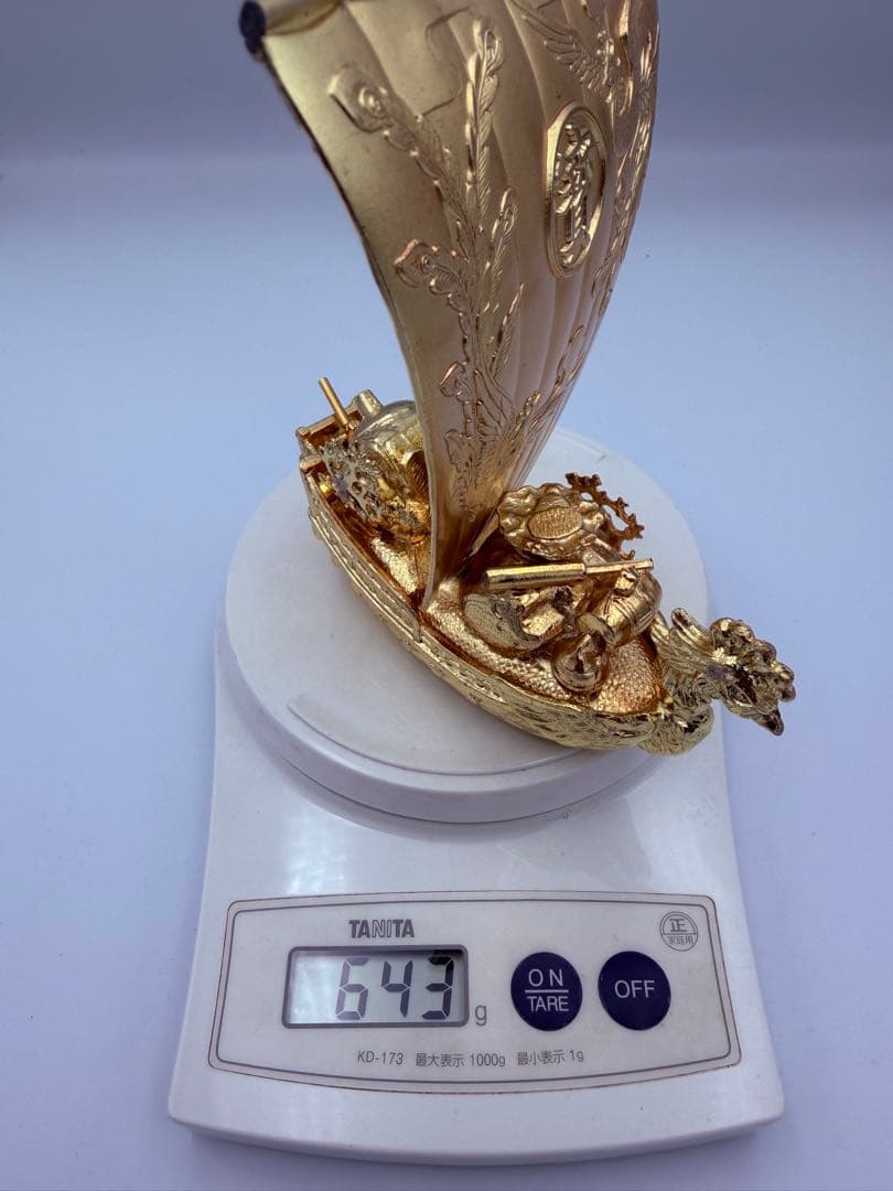 F【縁起物】宝船 置物 鳳凰 龍 金色 開運 商売繁盛 643g