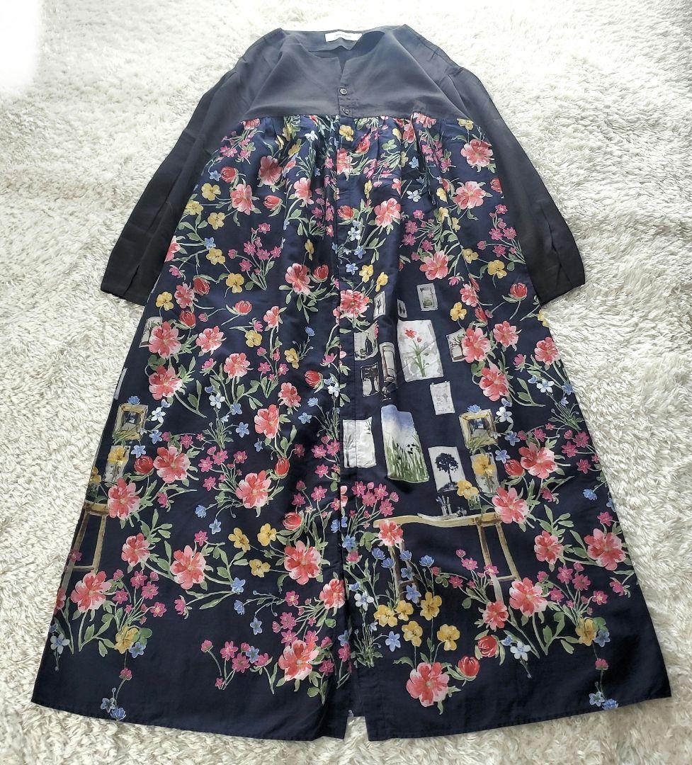 【美品】スーパーハッカ ボタニカル 花柄 薄手 長袖 ロングワンピース
