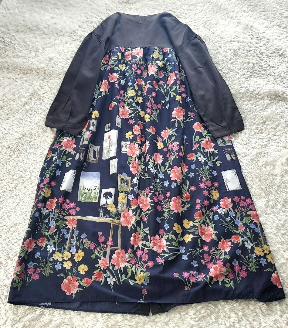 【美品】スーパーハッカ ボタニカル 花柄 薄手 長袖 ロングワンピース