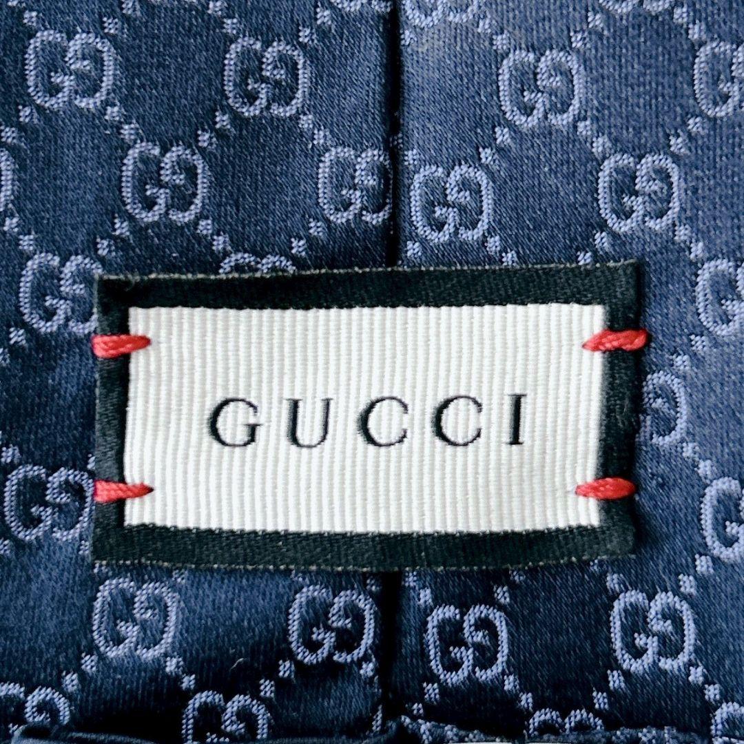 【グッチ】ネクタイ　GG柄　ロゴ総柄 シルク100% ネイビー　現行タグ