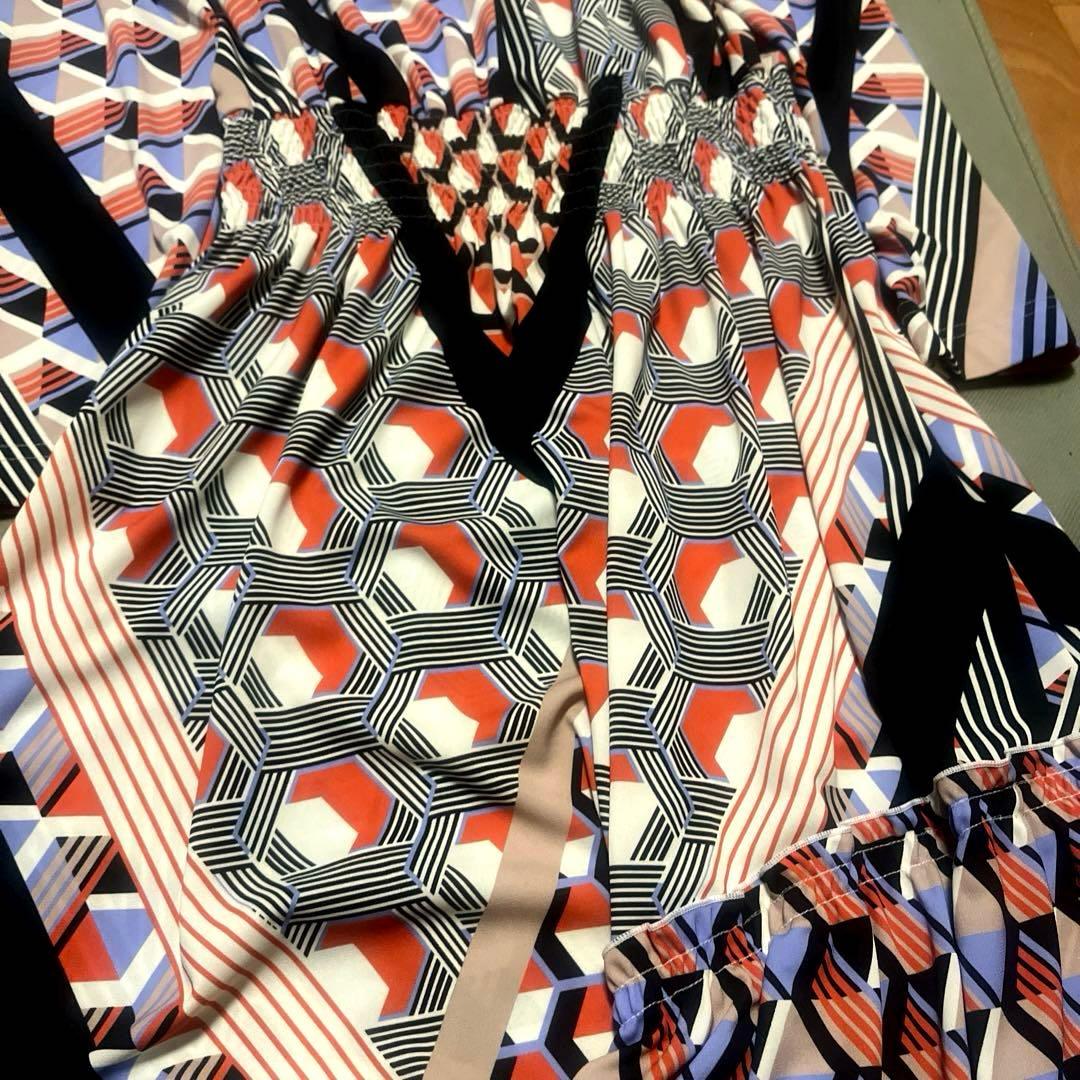 CORCOVADO リボンタイロングワンピース 幾何学柄 総柄 マルチカラー