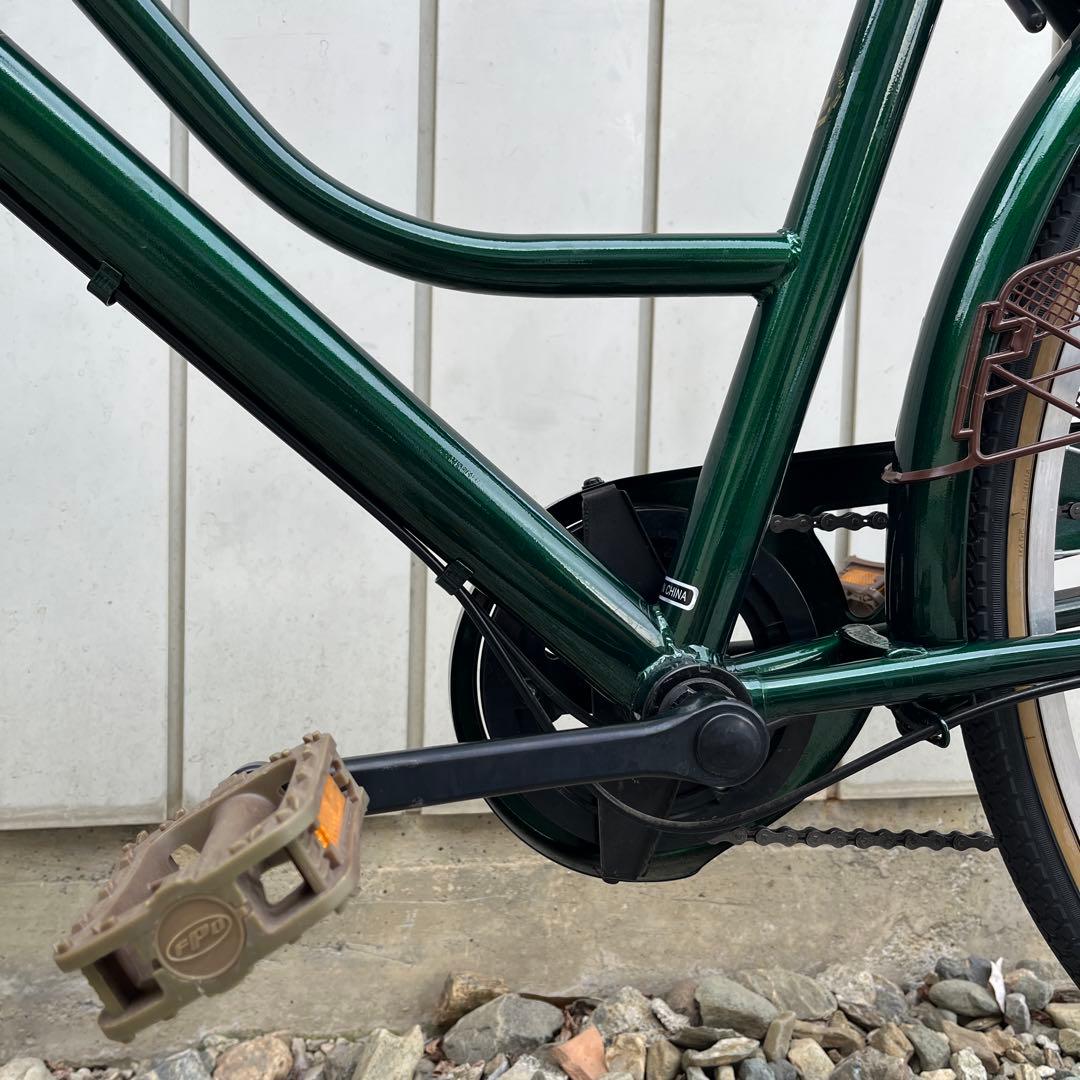 【要メンテナンス】 26インチ自転車 フォレストグリーン籐籠風おしゃれママチャリ