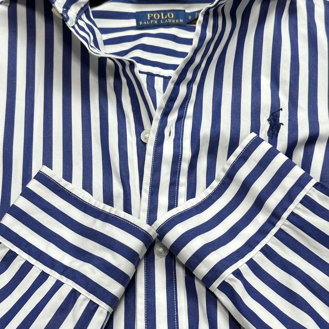 極美品♡ラルフローレン　シャツワンピース　ポニー刺繍　ストライプ　ベルト　青　L