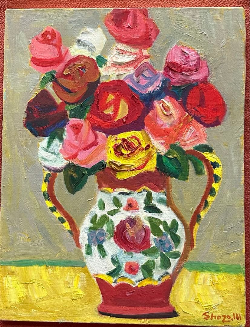 2114様感謝 ‼️村田省蔵「 薔薇 」肉筆油彩F6号署名共シール差函