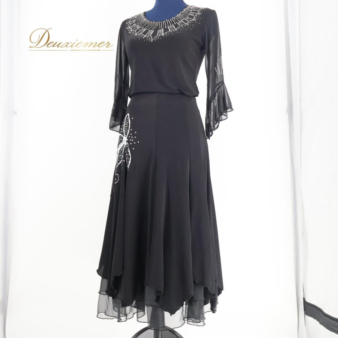 【社交ダンス衣装】ブラック トップス スカート 上下セット ラインストーン