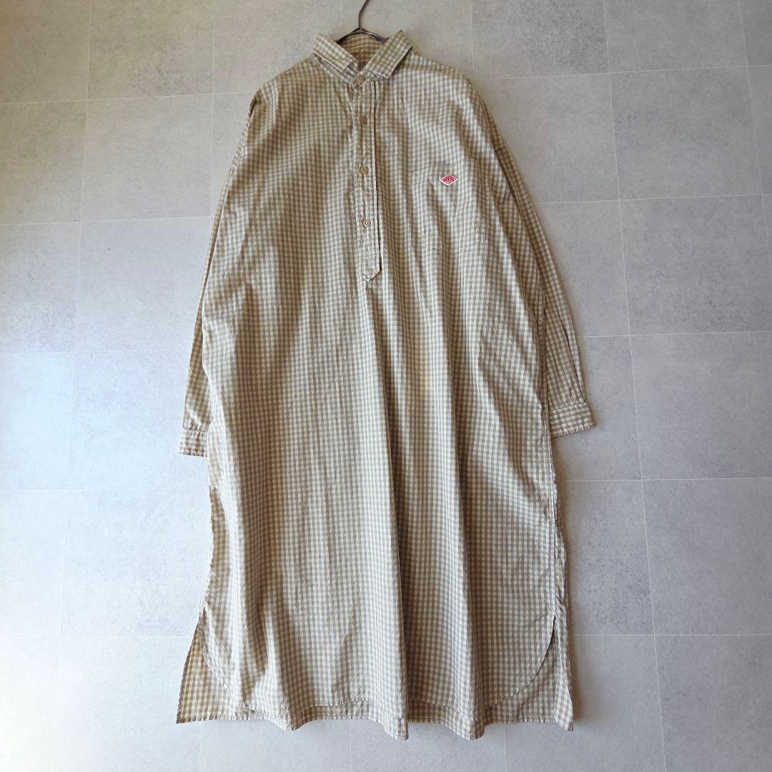 DANTON コットンポプリン ギンガムチェック長袖シャツワンピース カーキ38