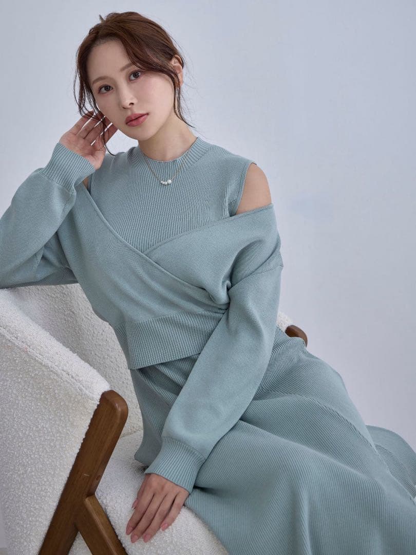 overe アンサンブルパネルニットワンピース：アクアグリーンU65