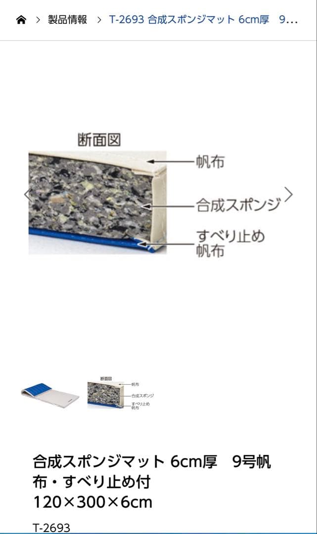 合成スポンジマット6cm厚9号帆布すべり止付120×300×6cmトーエイライト