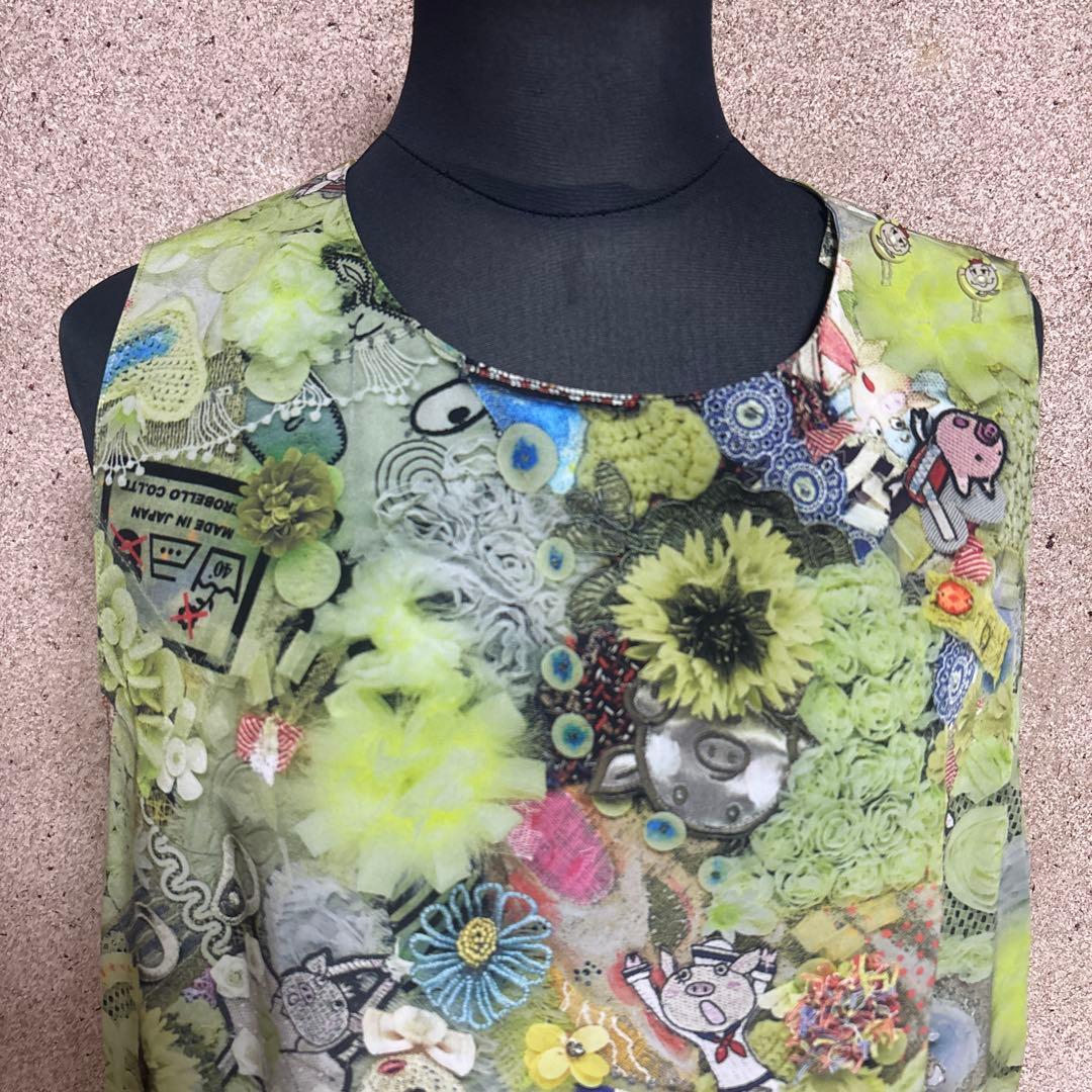 【新品タグ付】アルベロベロ ぶたさんコラージュワンピース M グリーン 日本製