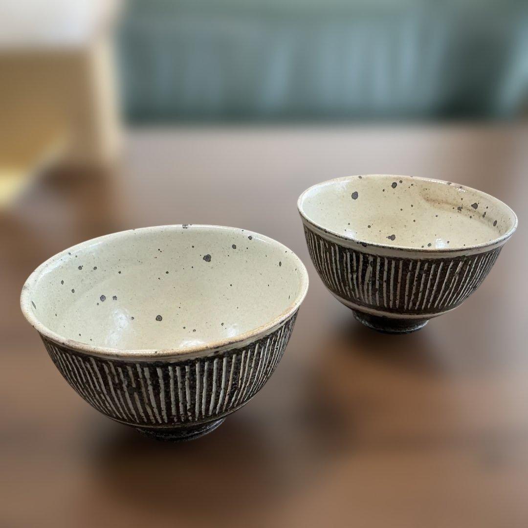 中里太亀　隆太窯　唐津焼　線刻文飯碗　2客揃え
