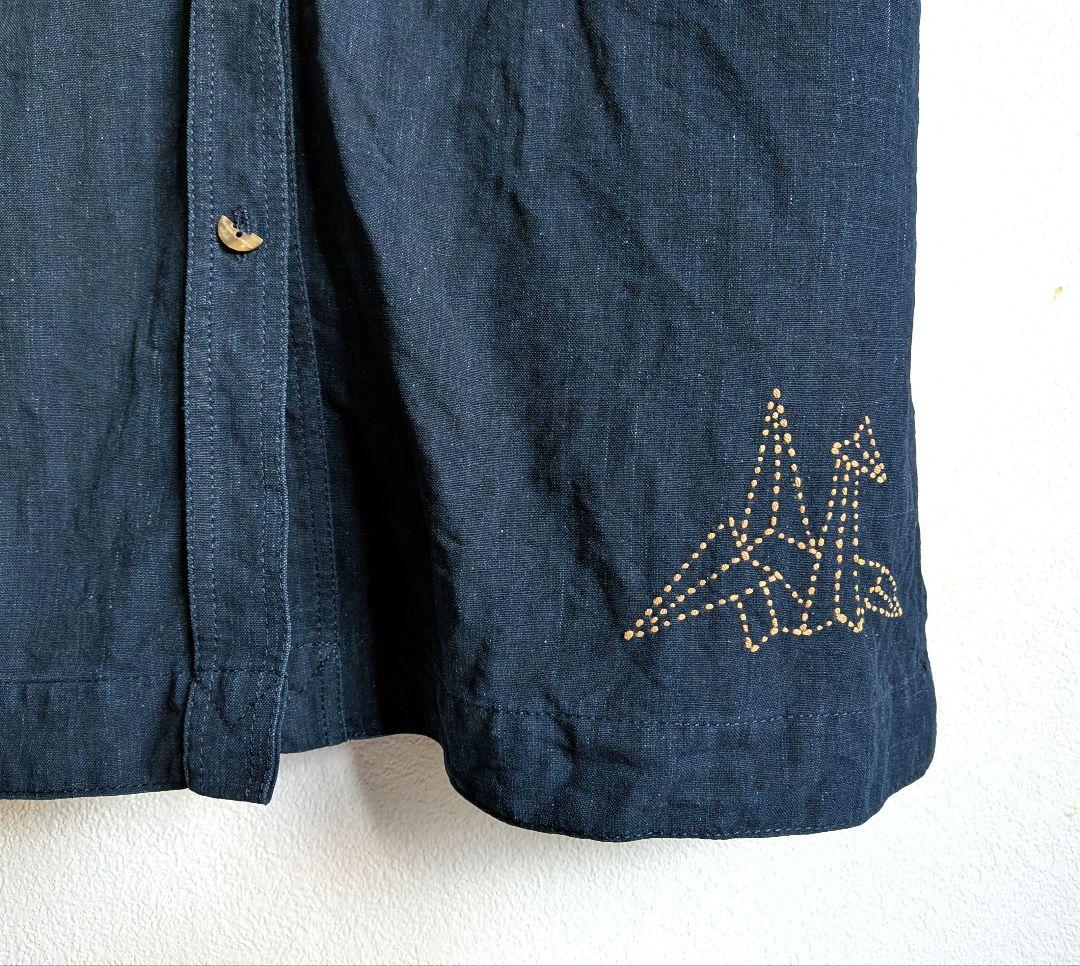 藍染め　折鶴の刺し子　シャツジャケット　コート　ワンピース　ロング丈　ビンテージ
